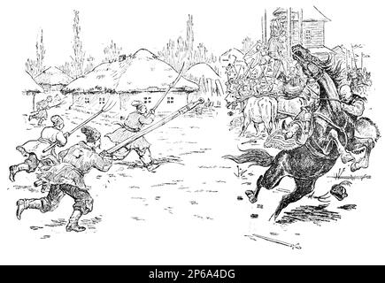 Illustration du livre Bohdan Khmelnytskyi, M. Starytskyi. VERS 1645: Soulèvement des paysans à Zolatarevo, armes de ces temps pour le stru Banque D'Images