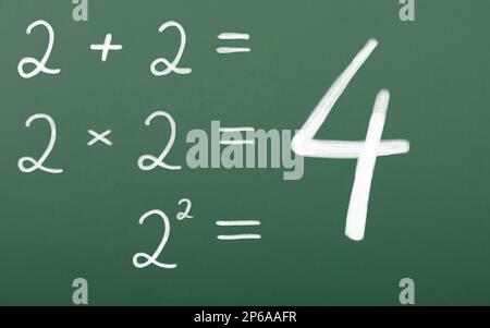 Équation mathématique simple. Deux plus deux, deux fois deux, deux au carré équivaut à quatre. Dessin de craie sur fond de planche scolaire Banque D'Images