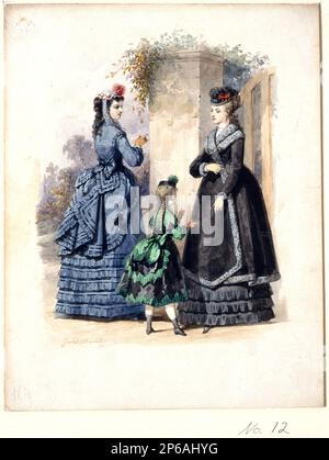 Jules David, dessin de mode n° 12, 1869, aquarelle sur carton blanc. Banque D'Images