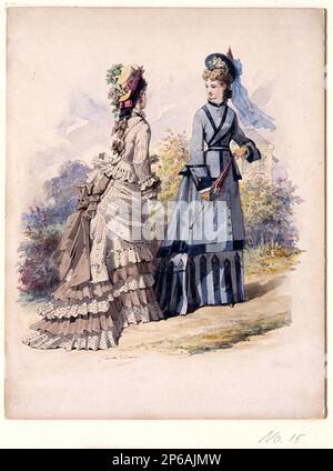 Jules David, dessin de mode n° 15, 1875, aquarelle sur carton blanc. Banque D'Images