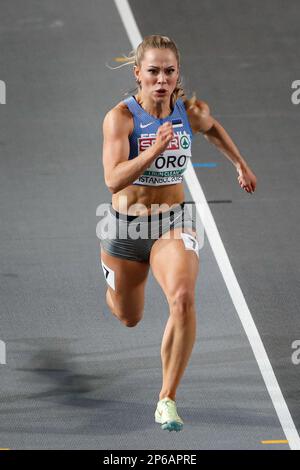 Istanbul, Turquie, 3 mars 2023. Oilme Voro d'Estonie concourt en 60m course féminine pendant les Championnats d'athlétisme européens 2023 - jour 1 à Atakoy Arena à Istanbul, Turquie. 3 mars 2023. Crédit : Nikola Krstic/Alay Banque D'Images