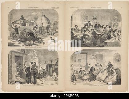 Winslow Homer, jour de Thanksgiving—moyens; jour de Thanksgiving—arrivée à la vieille maison; jour de Thanksgiving—le dîner; jour de Thanksgiving—la danse, 27 novembre 1858, gravure en bois sur papier journal. Banque D'Images