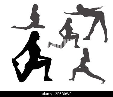 Silhouettes de femmes dans les poses de yoga et les exercices de sport sur fond blanc, illustration vectorielle Illustration de Vecteur