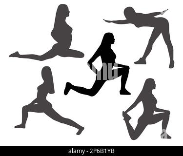 Silhouettes de femmes dans les poses de yoga et les exercices de sport sur fond blanc, illustration vectorielle Illustration de Vecteur