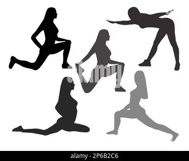 Silhouettes de femmes dans les poses de yoga et les exercices de sport sur fond blanc, illustration vectorielle Illustration de Vecteur