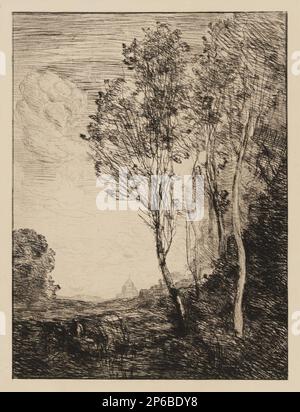 Jean-Baptiste-Camille Corot, souvenir d'Italie, 1863, gravure sur papier. Banque D'Images