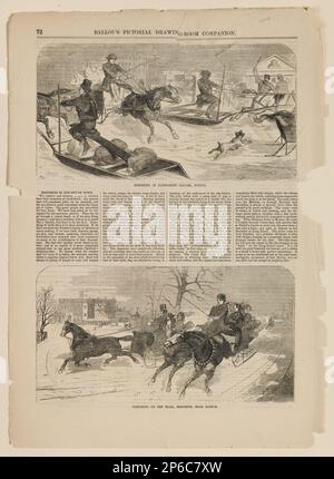 Après Winslow Homer, traîner à Haymarket Square, Boston; traîner sur la route, Brighton, près de Boston, 29 janv. 1859, gravure en bois sur papier journal. Banque D'Images