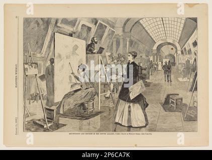 Après Winslow Homer, étudiants en art et copyistes à la Galerie du Louvre, Paris, 11 janv. 1868, gravure en bois sur papier journal. Banque D'Images