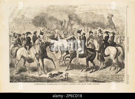 Les promenades à la mode et inconnues de l'Europe.—Rotten Row, Hyde Park, Londres, 1858, gravure sur papier. Banque D'Images