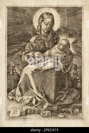 Après Albrecht Dürer, la Vierge à l'enfant nagé, 1514, gravure sur papier. Banque D'Images