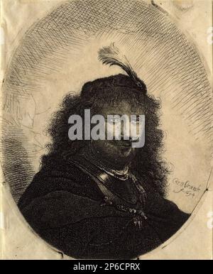 Après Rembrandt van Rijn, autoportrait avec chapeau plumé et sabre abaissé, 1636–1800, gravé sur papier coulé. Banque D'Images