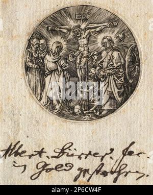 Après Albrecht Dürer, le Crucifixion a appelé le Sword pommel de Maximilian, 1568, gravure sur papier. Banque D'Images