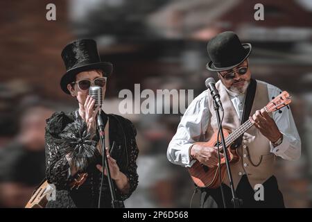 Un duo se produit lors d'un festival en plein air. Musiciens qui se produisent lors d'un événement en plein air. Banque D'Images
