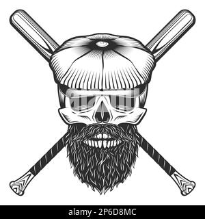 Crâne à casquette plate avec barbe et moustache avec emblème de club de batte de baseball éléments de conception modèle dans le style monochrome vintage vecteur isolé Banque D'Images