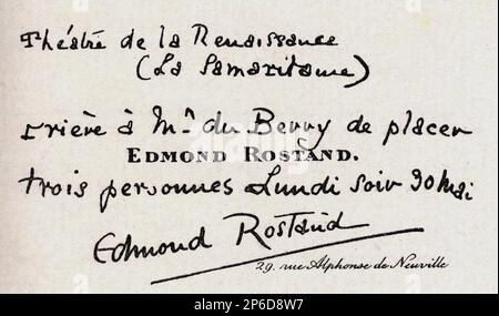 Une carte de visite de l'écrivain français EDMOND ROSTAND ( 1868 - 1918 ) à l'écrivain et dramaturge italien CAMILLO ANTONA TRAVERSI ( 1857 - 1934 ). - OTTOCENTO - BELLE EPOQUE - TEATRO - THÉÂTRE - biglietto da visita - SCRITTORE - LETTERATO - LETTERATURA - LITTÉRATURE - DRAMMATURGO - COMMEDIOGRAFO - écrivain - PARIGI - PARIS - Italiens de Paris --- Archivio GBB Banque D'Images