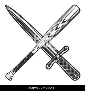 Couteau de gangster de dagger avec emblème de club de batte de baseball éléments de conception modèle dans le style monochrome vintage illustration vectorielle isolée Illustration de Vecteur