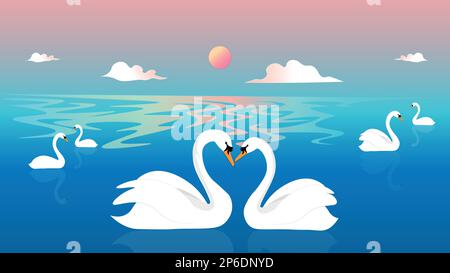 Un grand lac magnifique avec de charmants cygnes nageant dans l'amour se sentant contre un doux coucher de soleil rose Illustration de Vecteur