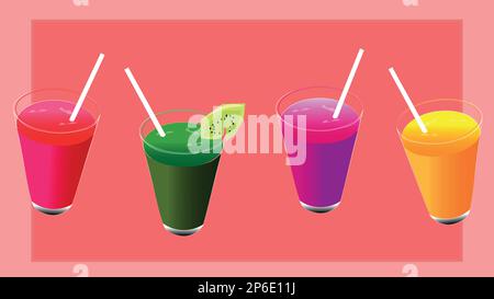 Savoureux frais, quatre boissons de différents fruits et légumes. Des aliments et des boissons sains Illustration de Vecteur