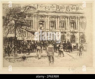 William Walcot, le café de la paix et la place de l'Opéra, Paris, 1913, gravure et point sec sur papier vélin. Banque D'Images