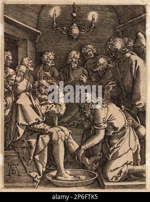 Inconnu, la petite passion: Christ lavant les pieds de Pierre, vers 1630-50, gravure sur papier monté sur papier couté. Banque D'Images