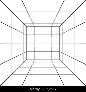 Chambre carrée, couloir, studio ou portail filaire en perspective sur fond blanc. Structure de grille de boîte. Ingénierie, architecture ou technique Illustration de Vecteur