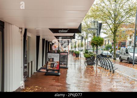 Amsterdam, pays-Bas - 10 avril 2021 : un jour pluvieux dans la ville avec des feuilles d'automne au sol et des vélos garés le long du trottoir, en attendant leur tour Banque D'Images