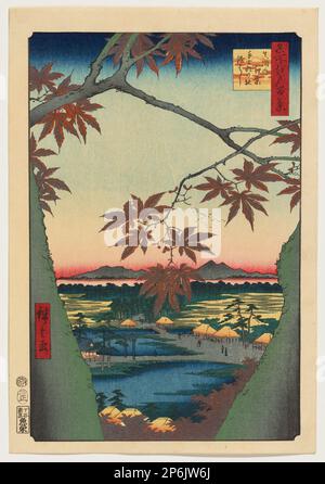 Utagawa Hiroshige, Maple Trees at Mama, Tekona Shrine and Linked Bridge, 1857, imprimé color block. Banque D'Images