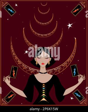 Une belle femme élégante future Teller en velours luxueux contient des cartes de tarot. Cession de Tarot. Illustration de Vecteur