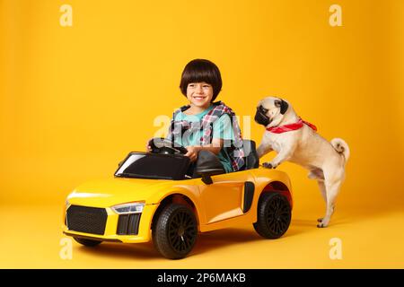 Petit garçon et son chien jouant avec une voiture jouet sur fond jaune Banque D'Images