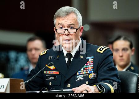 Washington, États-Unis. 07th mars 2023. Le général Bryan Fenton, Commandement des opérations spéciales des États-Unis, prenant la parole à l'audience du Comité des services armés du Sénat aux États-Unis Crédit Capitol : SOPA Images Limited/Alamy Live News Banque D'Images