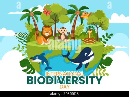 Journée mondiale de la biodiversité sur l'illustration 22 mai avec diversité biologique, terre et animal en dessin animé à la main pour les modèles de page d'arrivée Illustration de Vecteur