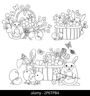 Illustrations vectorielles de dessins animés pour les vacances de Pâques, avec un joli lapin de dessins animés, un panier d'œufs, des poussins, des fleurs et d'autres éléments. Noir et blanc pour la coloration Illustration de Vecteur