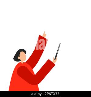 Blackhair femme en rouge vif chandail pointant vers le message principal avec le pointeur bâton. Objet unique sur fond blanc. Illustration de couleur vectorielle Illustration de Vecteur