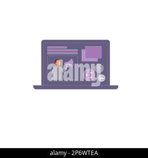 Ordinateur portable avec des informations importantes à l'écran. Homme saisissant le message principal. Personnes se trouvant sur le moniteur. Un seul objet de couleur vive sur blanc Illustration de Vecteur