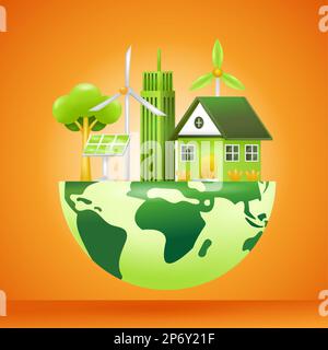 Énergie verte. 3d illustration de la maison, bâtiment. panneaux solaires et éoliennes au-dessus de la terre Illustration de Vecteur