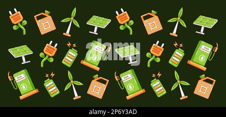 Énergie verte. Panneau solaire, éolienne, batterie et motif d'icône d'essence Illustration de Vecteur