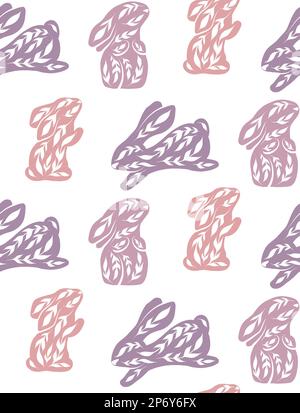 Motif vectoriel sans couture avec lapins décorés sur fond blanc. Texture pépinière avec art populaire lires dans des couleurs pastel. Toile de fond puérile avec ornam Illustration de Vecteur