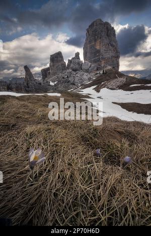 Photo des formations rocheuses de Cinque Torri à Cortina d'Ampezzo, en Italie, à la fin du printemps Banque D'Images