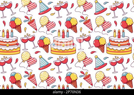 Joyeux anniversaire. Patrons de gâteaux, clown, crèmes glacées, ballons, cadeaux, vin et bonbons Illustration de Vecteur