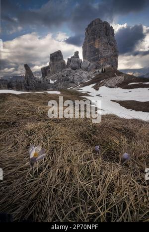 Formation de roche Cinque Torri à Cortina d'Ampezzo, Italie à la fin du printemps Banque D'Images