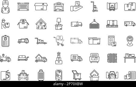 Les icônes de services de maison mobile définissent le vecteur de contour. Boîte de rangement. Déplacement de la cargaison Illustration de Vecteur