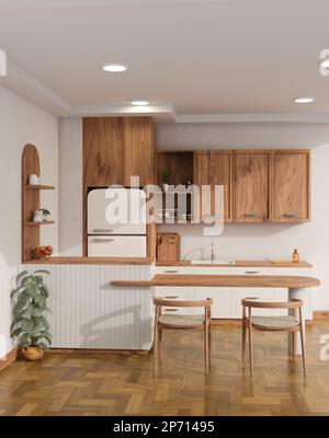 Décoration intérieure de cuisine scandinave confortable dans le style blanc et bois avec barre de table en bois avec tabourets, réfrigérateur, armoire en bois, appareils de cuisine et Banque D'Images