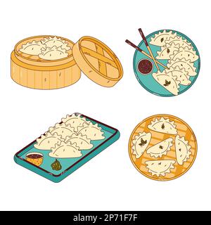Cuisine japonaise traditionnelle. Boulettes asiatiques dans un panier vapeur en bambou. Illistration vectorielle. Illustration de Vecteur