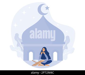 Nuit de Ramadan, femme musulmane lisant al Coran, illustration moderne à vecteur plat Illustration de Vecteur