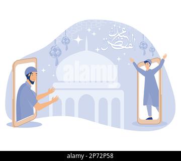 Arabe islamique texte calligraphique Eid Mubarak, les garçons musulmans souhaitant se souhaiter mutuellement sur appel. EID Mubarak concept, illustration moderne à vecteur plat Illustration de Vecteur