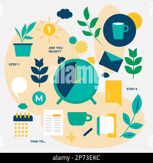 Ensemble d'icônes plates abstraites liées aux activités de travail quotidiennes. Illustration moderne avec des horloges, des agendas, des carnets, des plantes et du café pour la vie de tous les jours Illustration de Vecteur