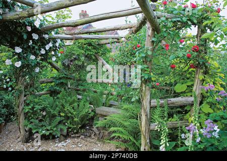 Pergola rustique dans le jardin du cottage Banque D'Images