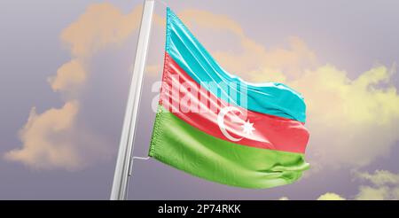 Aerbaijan agitant le drapeau dans le beau ciel.FLFLFLpole Banque D'Images