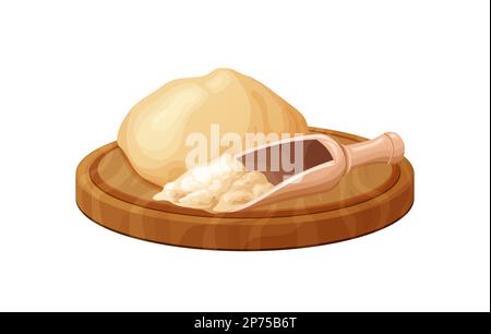 Rouleau à pâtisserie en bois avec pâte fraîche brute. Un délicieux pain fait maison. Farine dans un bol ou un sac, produit biologique. Illustration vectorielle isolée Illustration de Vecteur