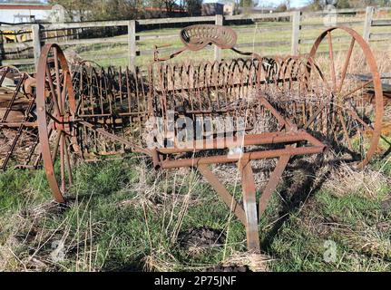 Un râteau agricole Blackstone n°3 qui pose des pierres redondantes et rouillées dans un champ d'une ferme du Yorkshire Banque D'Images